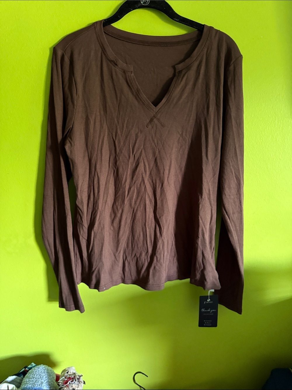 NWT Akewei Brown Ribbed V Neck Long Sleeve Stretch Top Shirt Size XL
